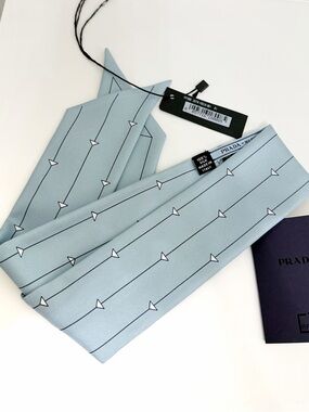 Prada Pale Blue Silk Twilly with Arrow Stripe
